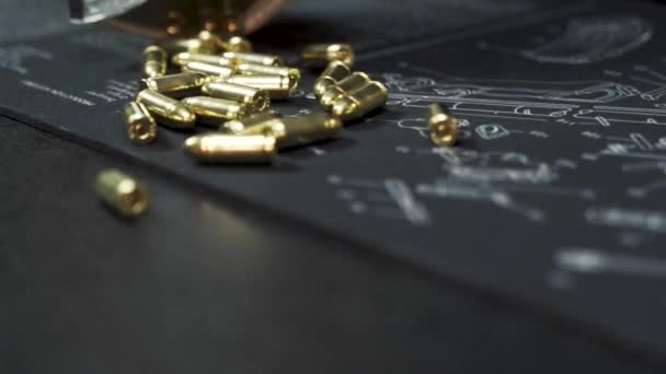 Machine Gun Ammo Spills Out Table Slow Motion — Stock Video