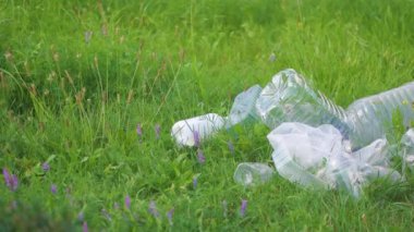 Garbage from plastic empty bottles in nature among the grass. Pollution of the environment.