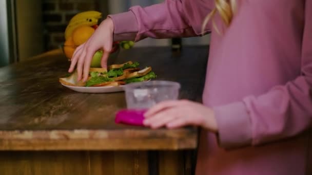 Woman Makes Sandwiches Puts Them Lunchbox Box Work — Vídeos de Stock