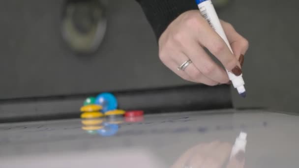 Mujer Escribe Rotafolio Con Rotulador Durante Una Reunión Negocios Presentación — Vídeos de Stock