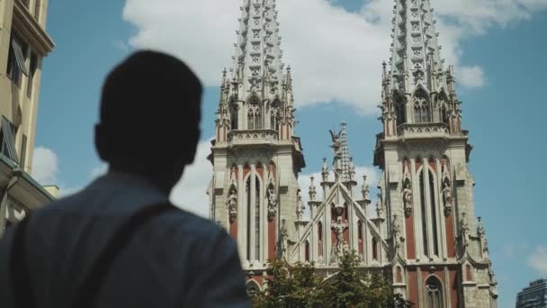 Back View Hipster Guy Looking Out While Standing Roman Catholic — Stok video