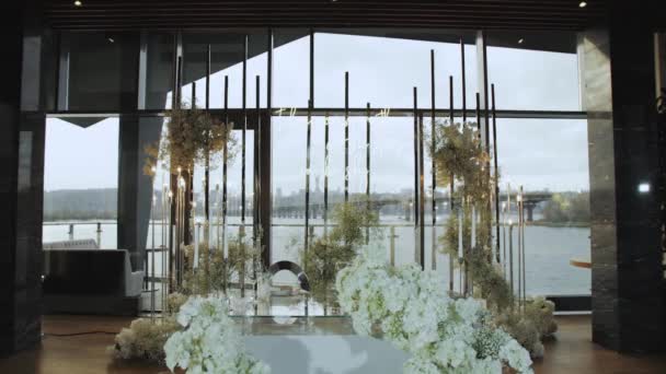 Όμορφη Διακόσμηση Γάμου Όλα Διακοσμημένα Παστέλ Χρώματα Κάμερα Κινείται Αργή — Αρχείο Βίντεο