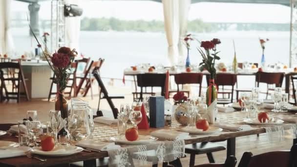 Festliche Tischdekoration Den Farben Mit Orangen Vintage Hochzeit Party Geburtstag — Stockvideo