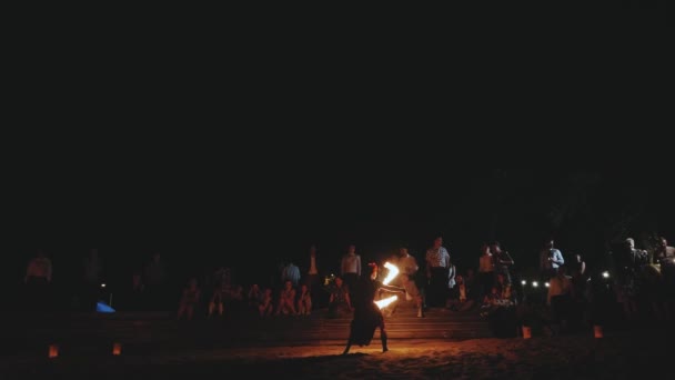 Amazing Fire Show Night Woman Spinning Fire Back View Female — Stock Video