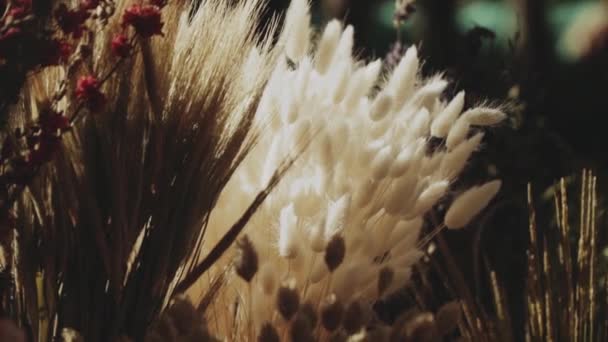 乾燥した花の材料花束のクローズアップショット 風の中でライ麦の耳の乾燥したスパイク マスタークラスの準備 スローモーションショット 高品質のフルHd映像 — ストック動画