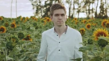 Yakın plan bir adam ayçiçeği tarlasında yürüyor, yaz bulutlu havalarda. Kameraya poz veren bir adamın portresi. Yüksek kalite 4k görüntü