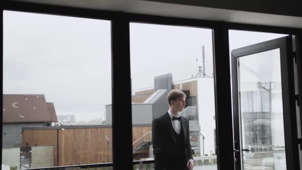 Portrait Blond Man Black Suit Preparing Bride Wedding Day Successful — Stock Video