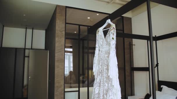 White Wedding Dress Boho Style Hanging Apartment Day People Slow — Stock Video