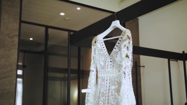 Medium Shot White Wedding Dress Boho Style Hanging Apartment Day — Stock Video