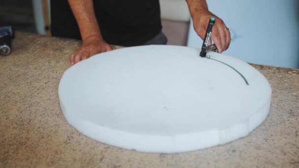 Close Hand Male Worker Cutting Foam Rubber Production Sofa Furniture — Videoclip de stoc