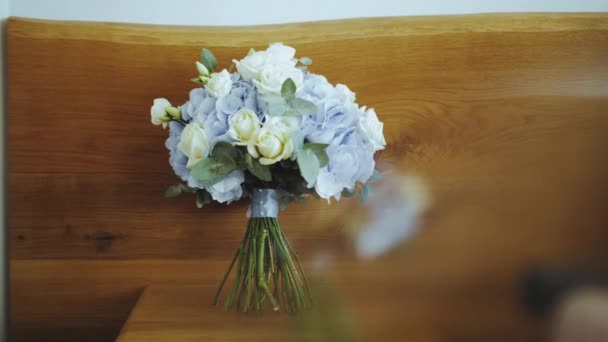 Wedding Accessories Brides Bouquet White Roses Blue Hydrangeas Blue Ribbon — Stok video