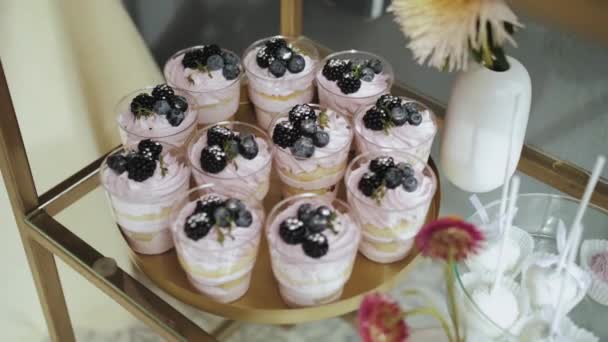 Candy Bar Весільний Цукерковий Шведський Стіл Смачний Десерт Чорницею Смачний — стокове відео