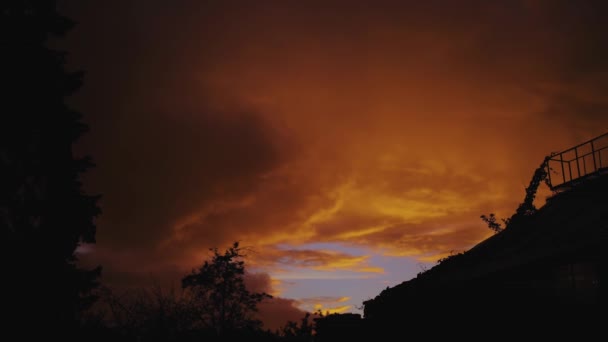 Κόκκινο Πορτοκαλί Ηλιοβασίλεμα Ουρανό Φορητή Βολή Σιλουέτες Των Δέντρων Και — Αρχείο Βίντεο