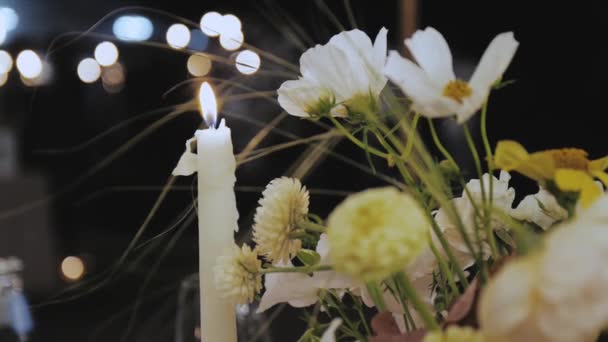 Candle Burns Table Romantic Candlelit Evening Close Festive Wildflowers Burning — Vídeo de Stock