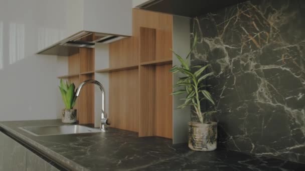 厨房水槽和水龙头 内部配以植物 设计精良的现代厨房室内 墙壁上的黑色瓷砖 台面和木制立面 动作缓慢 4K镜头 — 图库视频影像