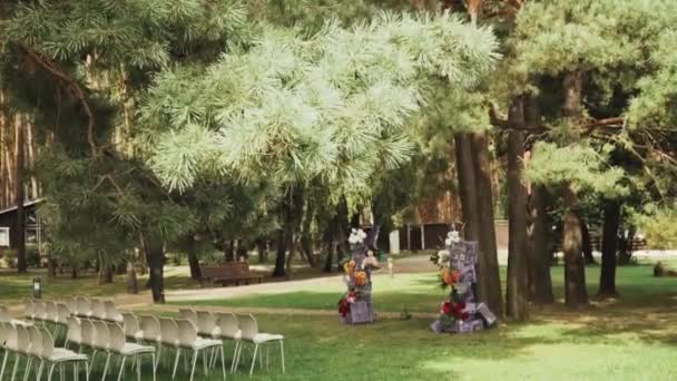 Vista Casamento Floral Arco Decorado Cadeiras Brancas Sob Pinheiro Câmera — Vídeo de Stock