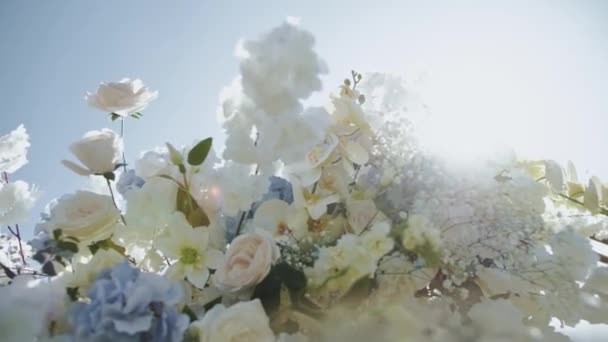 白と青の色で菊で飾られた結婚式のアーチのクローズアップは 太陽の光線は 結婚式の外で 花のスローモーションの間に輝きます 高品質4K映像 — ストック動画