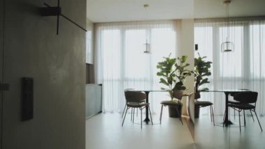Konforlu modern mutfak, masa ve sandalyeler pencerenin yanında, beyaz tül camda. İçi bitkilerle dolu, yavaş çekim. Yüksek kalite 4k görüntü