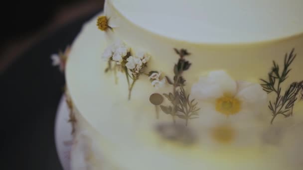 Close Bolo Casamento Bonito Decorado Com Flores Silvestres Secas Noite — Vídeo de Stock
