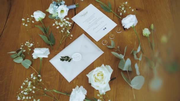 Wedding Accessories Brides Bouquet White Roses Blue Hydrangeas Blue Ribbon — Stockvideo