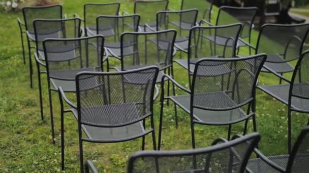 Back View Black Empty Chairs Wedding Ceremony Park Close Green — 비디오