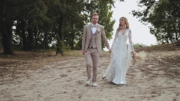 Beautiful Newlywed Walking Kissing Couple Love Walking Sand Middle Pine — Stock Video