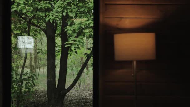 Vista Janela Minúscula Casa Madeira Floresta Verde Livre Lâmpada Comutada — Vídeo de Stock