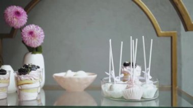 Candy Bar Wedding, candy buffet, tasty dessert with blueberries, delicious Candy bar at a wedding, candy bar decorated with flowers slow motion. High quality 4k footage