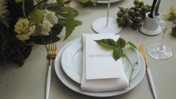 美しい結婚式の装飾 すべての白 緑の色のスタイルで飾られた クラシックは テーブルの上にラズベリーの小枝と黄金のフォークで飾られたプレートを務めました 手持ち撮影 スローモーション 4K映像 — ストック動画