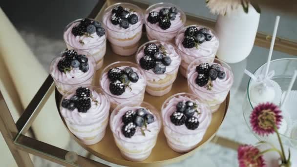 Candy Bar Wedding Candy Buffet Tasty Dessert Blueberries Blackberry Close — Vídeo de Stock