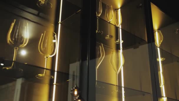 Black Cupboard Glass Wall Kitchen Crockery Clear Glasses Lighting Clean — Video Stock
