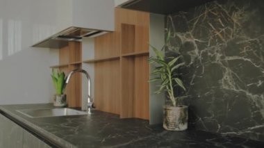 Mutfak lavabosu ve musluğu, içi bitkilerle dolu. Basit bir modern mutfak tasarımı. Duvarda siyah seramik fayanslar ve tezgah ve ahşap cephe, yavaş çekim. 4k görüntü