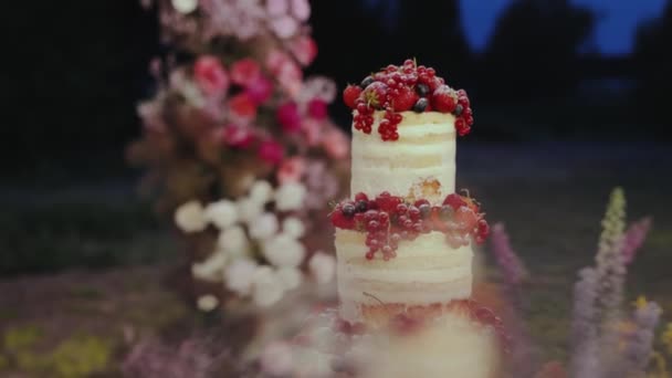 Nahaufnahme Der Schönen Hochzeitstorte Mit Beeren Auf Dem Tisch Mit — Stockvideo