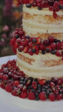 Dikey görüntü. Yakın plan güzel düğün pastası. Masanın üzerinde beyaz masa örtüsü ve açık hava düğün kemeri ile süslenmiş. Geceleri beyaz, kırmızı, pembe çiçeklerle süslenmiş. 4k 