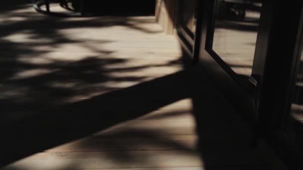 Σκιές Από Φύλλα Των Κλαδιών Χτυπούν Ξύλινο Πάτωμα Αργή Κίνηση — Αρχείο Βίντεο