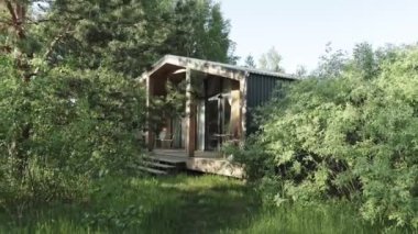 Küçük ahşap bir ev, doğada gizlenmiş ahşap bina çam ağaçları, orman, çimenler arasında. POV, ahşap evden hareket eden kamera, yavaş çekim. Yüksek kalite 4k görüntü