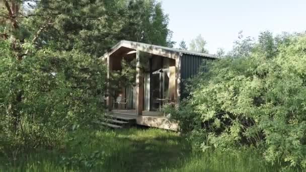 Casa Minúscula Madeira Construção Madeira Escondida Natureza Entre Pinheiros Floresta — Vídeo de Stock
