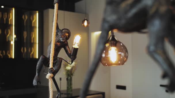 Dekoratif Modern Tasarım Maymun Tarzı Lambalar Tavan Arasında Tavandan Sarkıyor — Stok video