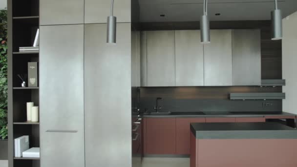 Interior Cozinha Luxo Moderno Cores Preto Cinza Cozinha Cores Escuras — Vídeo de Stock