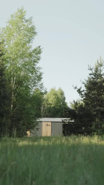 Uma Pequena Casa Madeira Cercada Por Árvores Meio Campo Gramado — Vídeo de Stock