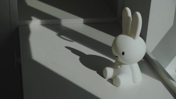 Cute White Rabbit Toy Featured Various Settings Sitting Window Sill — Stock Video
