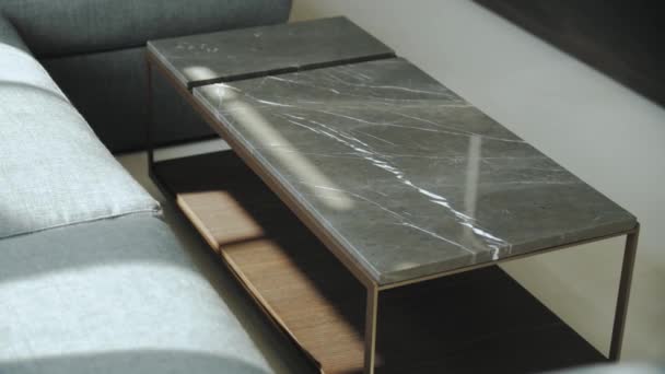 一个用硬木制成的长方形咖啡桌坐在客厅沙发旁边 补充木地板 并以其金属和玻璃制品增添典雅感 — 图库视频影像