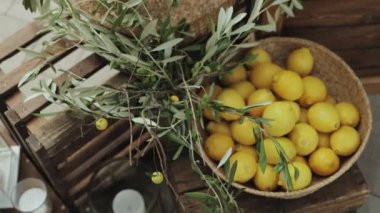 Sepette bir sürü limon var. Bir kase limon, C vitamini bakımından zengin doğal yiyecekler, bir karasal bitkinin yanındaki ahşap masada duruyor, uzaya biraz yeşillik katıyor.