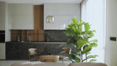 Kanepesi, sandalyeleri, masası ve saksısı olan rahat bir oturma odası evin içinde huzurlu bir atmosfer yaratıyor.