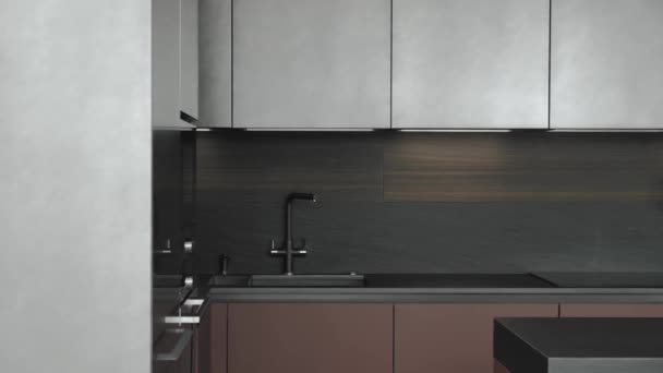 厨房内部有深色的厨房水槽和水龙头 现代豪华厨房内部为黑色和灰色 台面和木制立面的黑色瓷砖 移动缓慢 — 图库视频影像