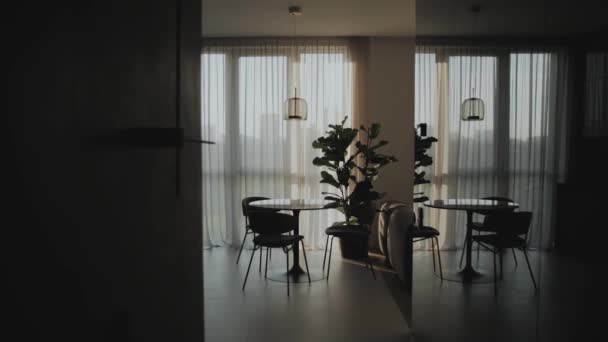 Silhueta Interior Cozinha Aconchegante Mesa Arredondada Cadeiras Grande Planta Estão — Vídeo de Stock