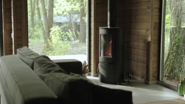 舒适的房子 炉火熊熊熊燃烧的客厅在小房子里 木制墙壁和大窗户在后面 望着夏天的绿色森林 慢动作 4K镜头 — 图库视频影像
