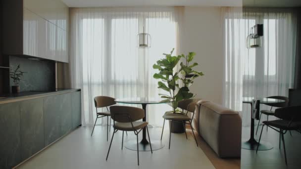Konforlu Modern Mutfak Masa Sandalyeler Pencerenin Yanında Bitkilerle Dolu Yavaş Stok Video
