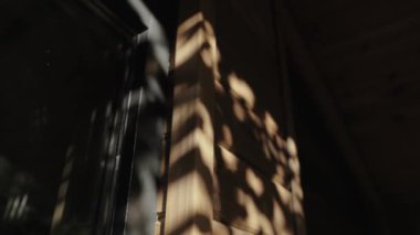 Büyüleyici bir gölge oyunu ahşap bir yüzey üzerinde dans ediyor, dokusunu ve ışığını güzel bir şekilde aydınlatıyor.