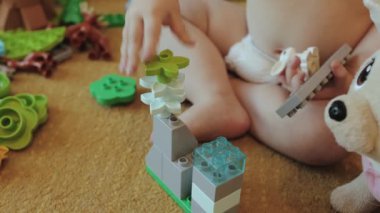 Genç bir çocuk renkli yapı taşları ve pelüş doldurulmuş pelüş bir hayvanla neşeyle yaratıcı bir oyun oynuyor.